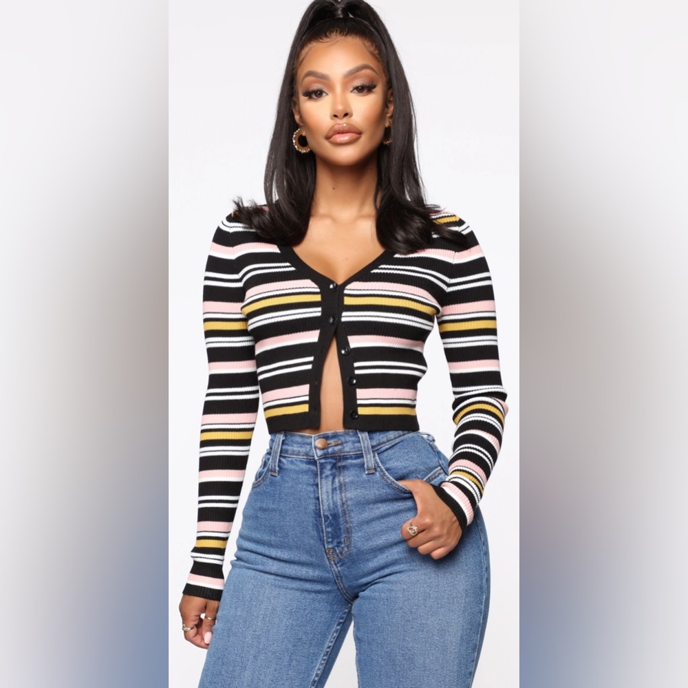 Fashion Nova Black and Pink Striped Cardigan